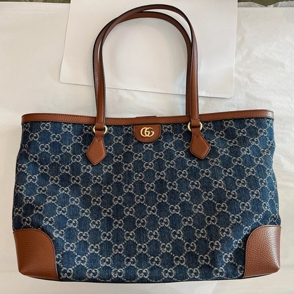 Gucci Ophidia GG Jacquard Denim Blue Brown Tote Bag Italy Leather Handbag New - Picture 11 of 15
